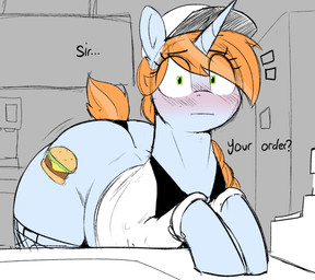 big_butt blue_body blush braided_hair brown_hair brown_tail butt clothed clot...