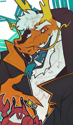 anthro barbel_(anatomy) blue_tongue clothing flesh_whiskers fur hair horn mal...