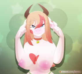 5_fingers accessory animal_noises anthro areola big_breasts black_horn blue_e...