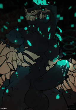 anthro balls black_sclera blue_eyes bodily_fluids bone erection exposed_bone ...