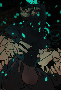 anthro black_sclera blue_eyes bodily_fluids bone bottomwear bulge clothed clo...