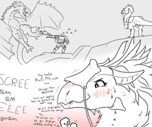 ambiguous_gender armor battle beak blush bridle claws duo feathers female fem...