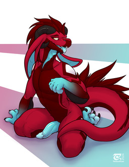 anthro claws genitals horn kneeling male open_mouth open_smile penis smile so...