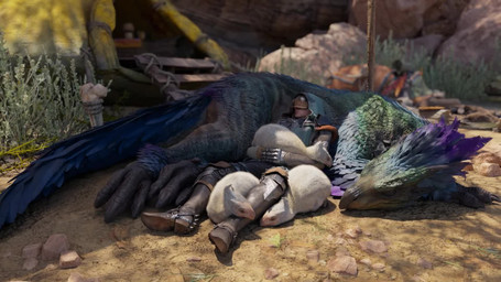 ambiguous_gender armor claws clothing cuddle_pile cuddling day desert detaile...