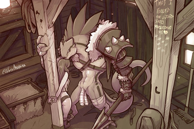 2_penises animal_genitalia animal_penis anthro armor arms_tied barn boots bou...
