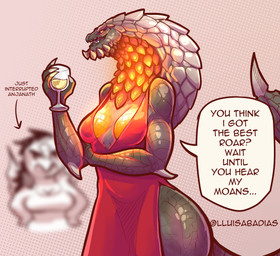 alcohol anthro beverage biped breasts cleavage clothed clothing dialogue dire...