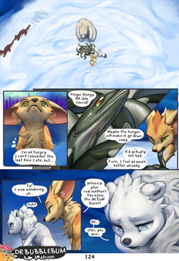 black_nose blue_eyes dialogue eating female feral fur green_eyes group ice lo...