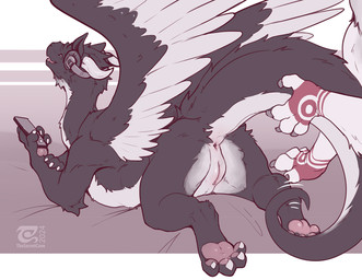 ambiguous_gender anthro anus black_body black_feathers black_fur butt cellpho...