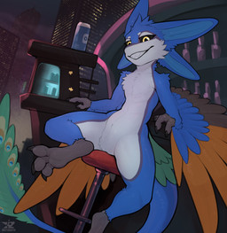3_fingers 3_toes 4_ears ambiguous_gender anthro arm_support avian_feet bar ba...