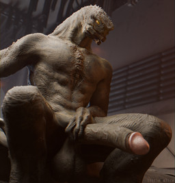 anthro balls depth_of_field foreskin genitals glans grey_body holding_penis h...