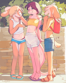 2_horns anklet anthro backpack blonde_hair blush blush_lines bottomwear breas...
