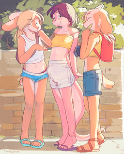 2_horns anklet anthro backpack blonde_hair blush blush_lines bodily_fluids bo...
