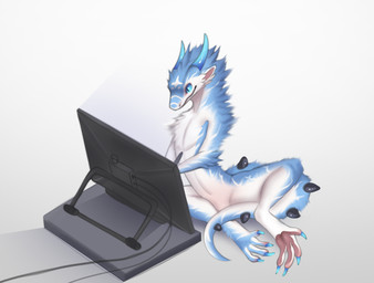 anthro claws drawing_tablet electronics feral fur horn male simple_background...