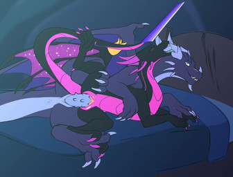 3_toes ahegao animal_genitalia bed big_penis blue_body blue_scales blush bodi...
