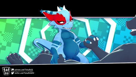 abdominal_bulge abstract_background anthro anthro_penetrated bared_teeth blue...