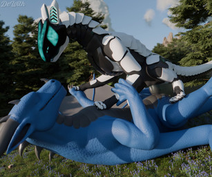 animal_genitalia animal_penis armor blue_body blue_eyes bodily_fluids close-u...