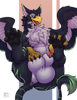 animal_genitalia anus balls beak big_balls black_body black_fur butt chest_tu...