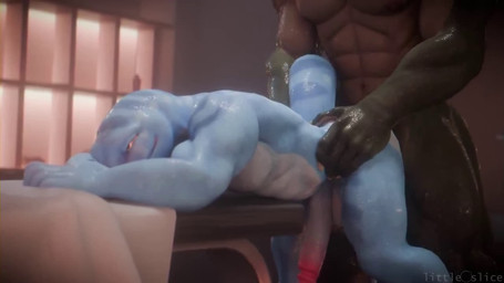 abs anal anal_penetration anthro balls bent_over big_penis blue_body blue_ski...