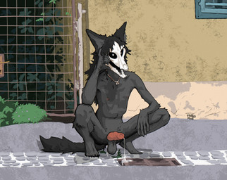 animal_genitalia anthro arm_on_leg balls black_balls black_body black_fur bod...