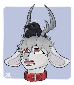 ambiguous_gender anthro antlers beak big_ears black_body black_feathers blue_...