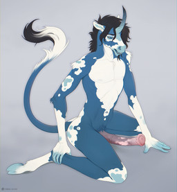 animal_genitalia animal_penis anthro black_body black_fur blue_background blu...