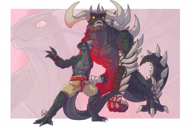 anthro claws digitigrade duo fighting_pose frill_(anatomy) horn pose spikes s...