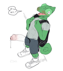 anthro backpack big_penis biped blush bodily_fluids camo camo_penis clothing ...