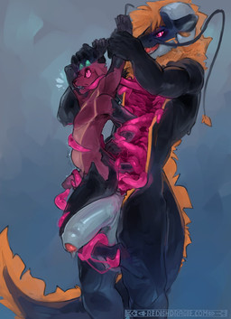 anthro big_penis dominant duo fangs foreskin fur furry_tail genitals hollow_b...