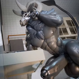 2_horns abs anthro balls bathroom big_balls big_penis black_sclera bodily_flu...