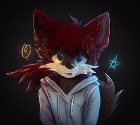 anthro black_background blue_eyes clothing fangs fluffy fluffy_tail fur hair ...