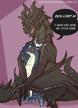 ambiguous_gender black_body black_horn black_scales black_wings blue_eyes blu...