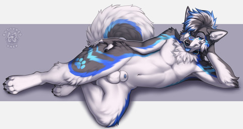 5_fingers animal_genitalia anthro balls black_eyebrows blue_body blue_fur blu...