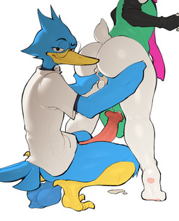 after_sex anal anthro ass_up balls beak big_butt big_glans blue_body blue_fea...