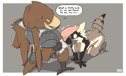 anthro anthro_on_anthro armor beak big_penis bodily_fluids dialogue erection ...