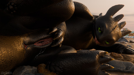 anus beach black_body black_scales butt claws cloud crossgender detailed_back...