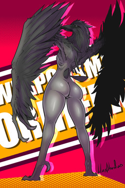 anthro beak biped black_body black_feathers butt feathers female looking_at_v...