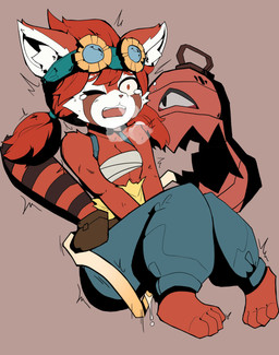 anthro backpack bandage bandaged_chest big_tongue bodily_fluids breath clothi...