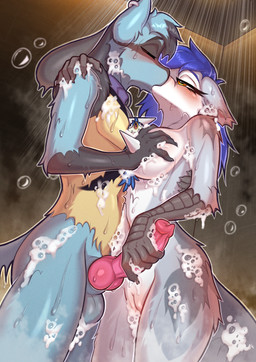 5_fingers animal_genitalia animal_penis anthro balls beak breast_grab breasts...