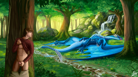 anus being_watched bestiality blue_body blue_scales bodily_fluids claws cloth...