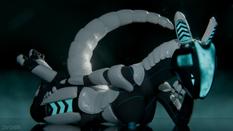 anthro armor black_body blue_insides blue_nipples breasts claws crossed_legs ...