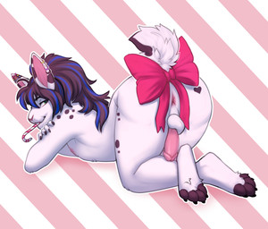 anthro anus balls black_hair black_spots blue_highlights bow_ribbon butt cand...