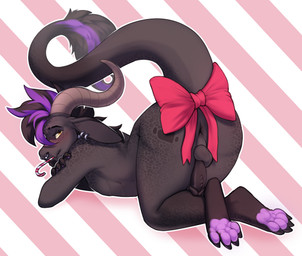 4_toes anthro anus balls black_body black_hair black_scales blush bow_ribbon ...