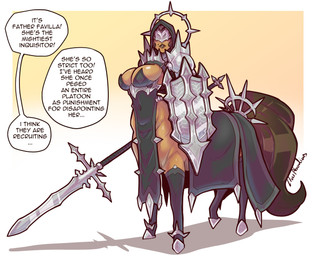 armor breasts clothed clothed_female clothed_taur clothing dialogue female fr...
