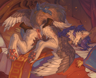 ambiguous_gender anthro anus bed bedding biped blanket blue_hair butt claws d...