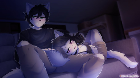 anthro bedroom_eyes black_hair blush blush_lines bottomwear breasts choker cl...