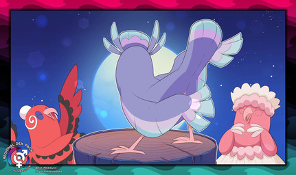 ambiguous_gender beak black_body black_feathers blush border butt clapping co...