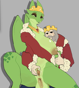 anthro anus areola beard big_breasts breasts clitoris clothing crown duo eyel...