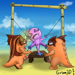 anthro anus bdsm beach blue_body bound brown_body brown_skin cloud dorsal_rid...