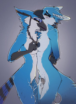 anthro anthro_on_anthro areola balls beak biped bodily_fluids breasts chastit...