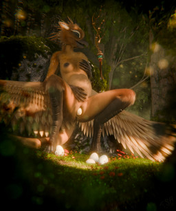 abdominal_bulge ambiguous_slit anthro beak bodily_fluids breasts crouching di...